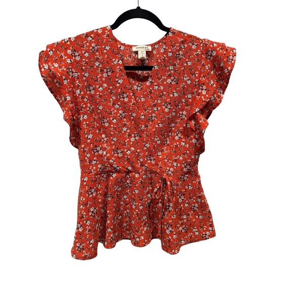 Monteau Short Sleeve Blouse Red Floral Size L V-neck Lightweight Summer - Picture 2 of 6